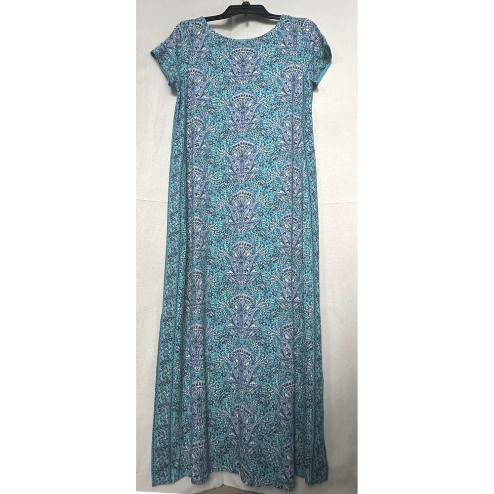 NWT J. Jill Boho Resortwear Paisley Jersey Maxi Dress XS Blue Teal Side Slits